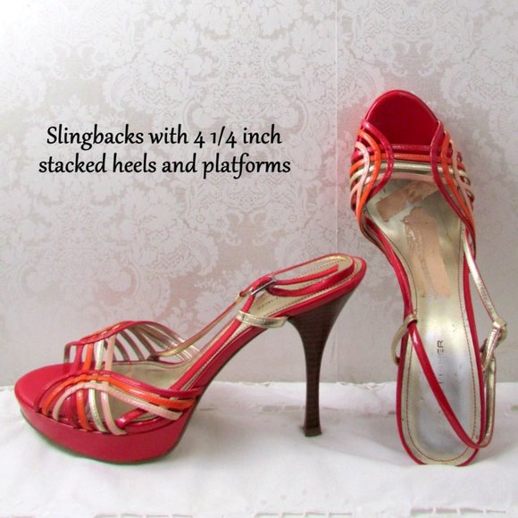 MARC FISHER Shoes - MARC FISHER SHOES, PLATFORM HEELS, 9, RED, PINK, ORANGE GOLD SLINGBACKS, 4 1/4"